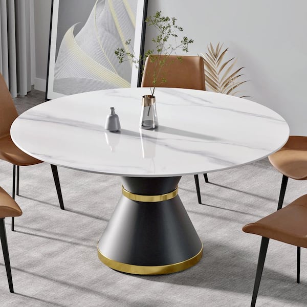 Magic Home 59.05 in. Round Sintered Stone Dining Table with Black Pedestal Metal Base (Seat 8)