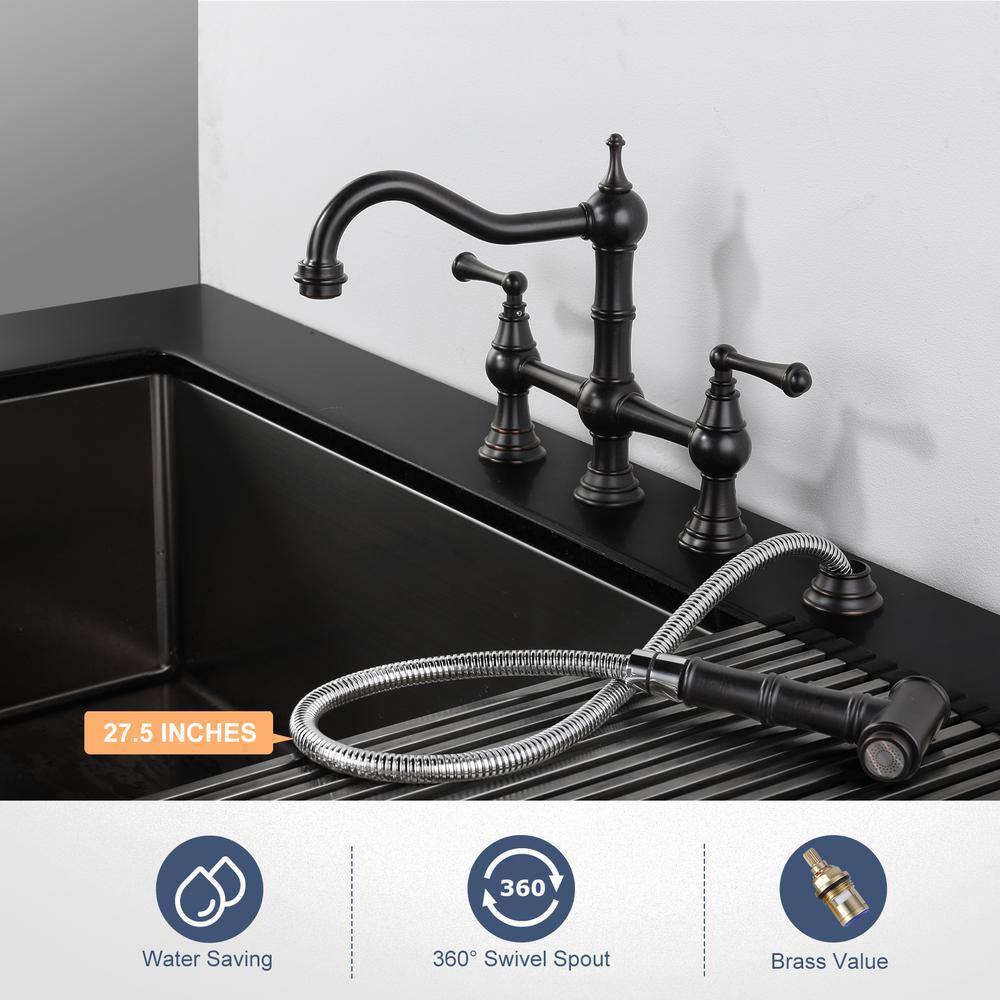 Oil Rubbed Bronze Double Handle Bridge Kitchen Faucet with Side Sprayer