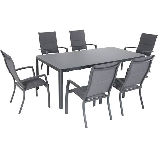 Hanover Fresno 7 Piece Aluminum Outdoor, Outdoor Glass Top Table And 6 Chairs