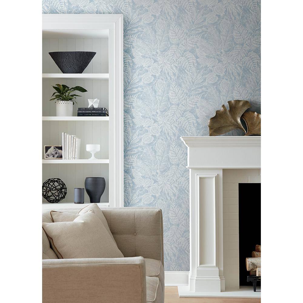 Brentwood Sky Blue Palm Leaves Grasscloth Wallpaper