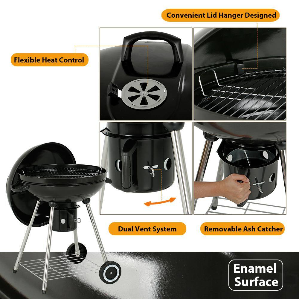 22-Inch Black Porcelain Kettle Charcoal Grill with Wheels