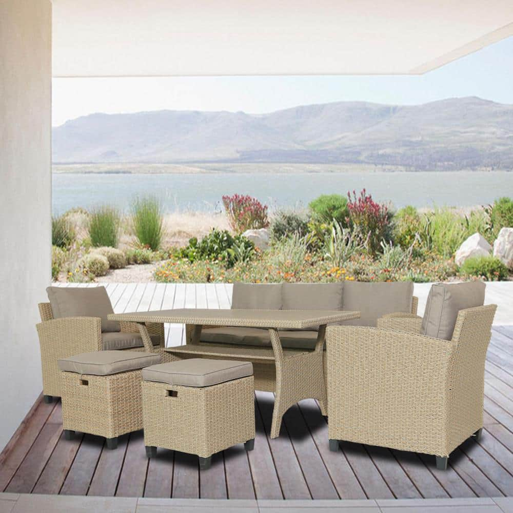 Brown 6-Piece Wicker Outdoor Patio Conversation Seating Set with Brown Cushions -  Wateday, PF888