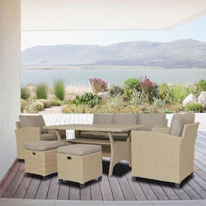 Brown 6-Piece Wicker Outdoor Patio Conversation Seating Set with Brown Cushions