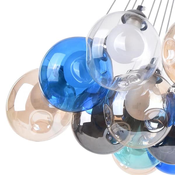 Degradado 25-Light 28.3 in. W Chrome Chandelier Cluster Pendant Light with Blue-Tone Unique Glass for Kids Room Holidays