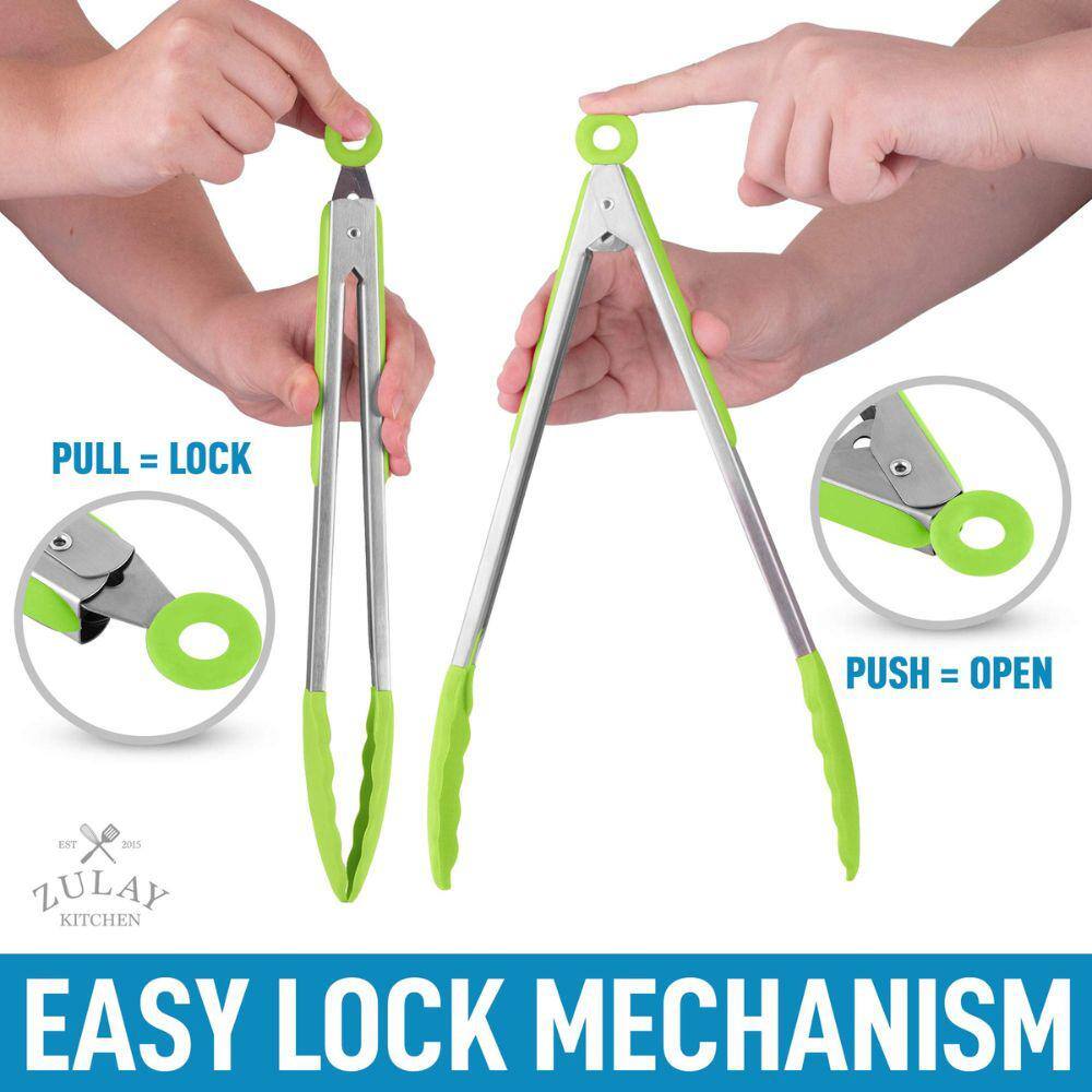 Light Green Stainless Steel Kitchen Tongs Set with Silicone Tips