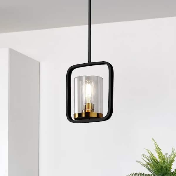 60-Watt 1-Light Black Lantern Pendant Light with RectangleClear Glass Shade for Kitchen Island and No Bulbs Included