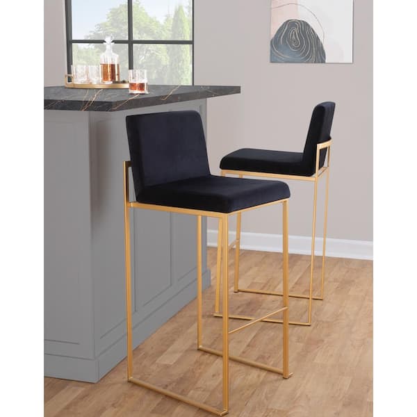 LumiSource Fuji High Back 31 in. Black Velvet and Gold Metal Bar Stool (Set of 3)