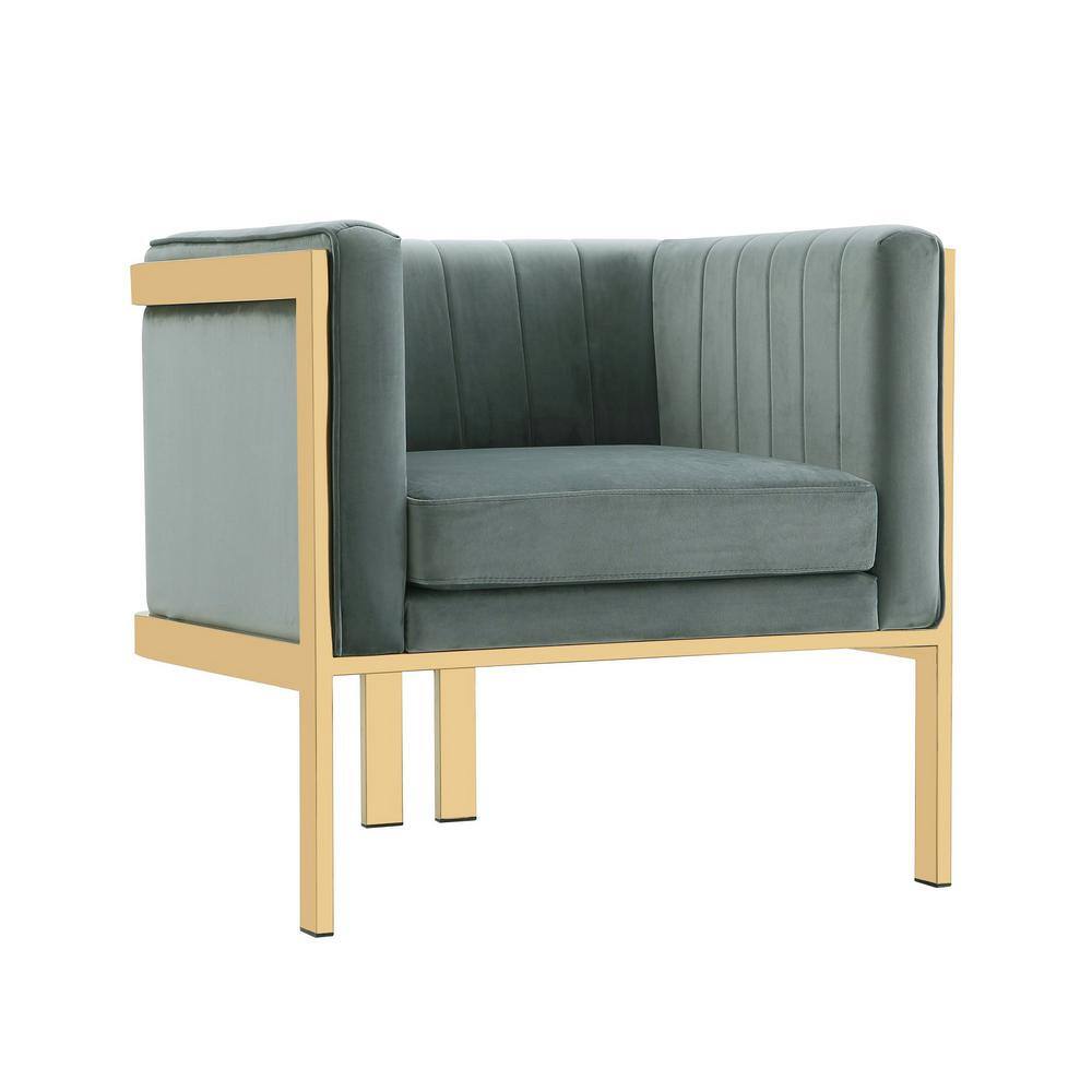 Set of 2 Gray Velvet Barrel Accent Chairs with Metal Frame
