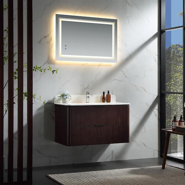 Wenlorin 36 in. Single Sink Floating Walnut Bath Vanity with White Acrylic Top Pre-Assembled