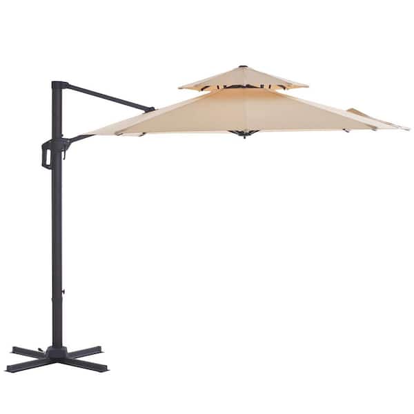 PASAMIC 11 ft. 2-Tier Aluminum Patio Offset Umbrella Cantilever Umbrella, Fade Resistant and 6-Level 360°Rotation in Beige