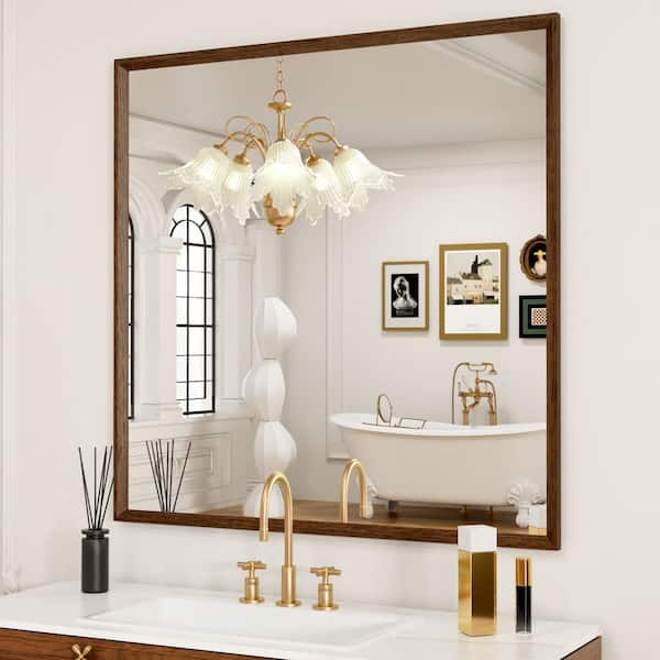 Spigel 36 in. W x 36 in. H Farmhouse Square Wood Finish Framed Wall Mirror, Tempered Glass Bathroom Vanity Mirror