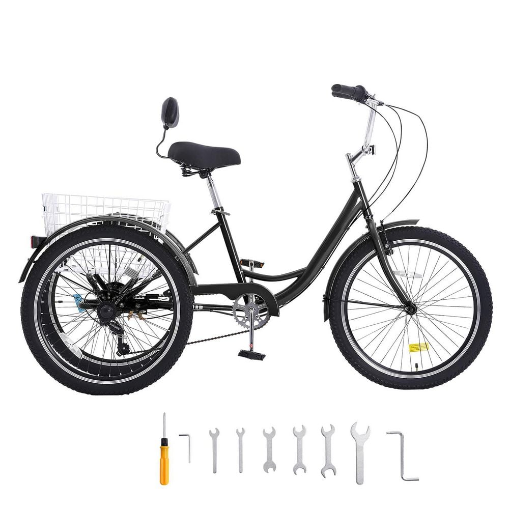 Adult Tricycles Bike, 24 In. Three-Wheeled Bicycles, 7 Speed Adult Trikes, Carbon Steel Cruiser Bike with Basket