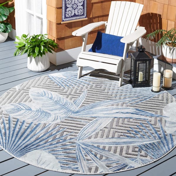 Cabana Ivory/Navy 6 ft. x 6 ft. High-Low Diamond Leaf Indoor/Outdoor Round Area Rug