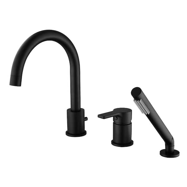 Modern Single Handle Tub Deck Mount Roman Tub Faucet with Hand Shower in Matte Black