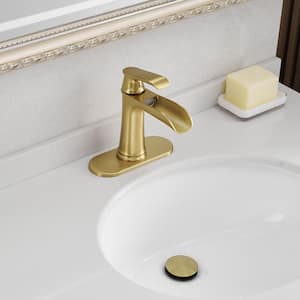 Single Handle Single Hole Bathroom Faucet with Deck Plate Included, Pop Up Drain and Water Supply Hoses in Brushed Gold