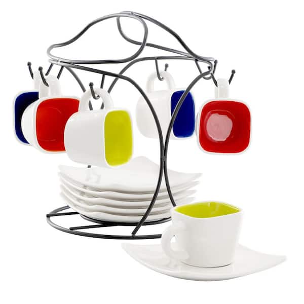 Crenshaw 13 Piece 3.25 Oz. Assorted Colors Square Stoneware Espresso Cup Set with Metal Stand