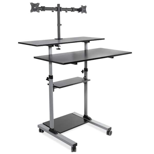 mount-it! 40 in. Grey Mobile Standing Desk with Dual Monitor Mount, Height Adjustable Rolling Computer Workstation Wheels
