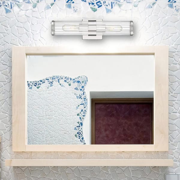 Allison 18 in. 2-Light Polished Nickel Industrial Vanity Light with Clear Ribbed Glass Shades