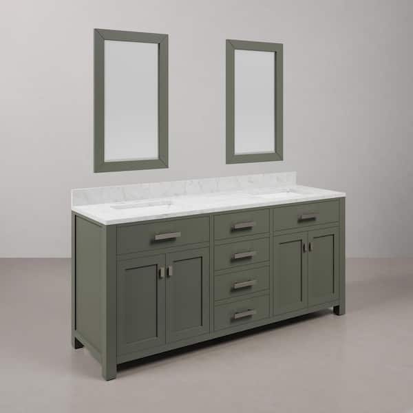 Madison 72 in.W x 21.5 in.D x 34 in.H Double Sink Bath Vanity in Glacial Green with Carrara White Marble Top and Mirrors