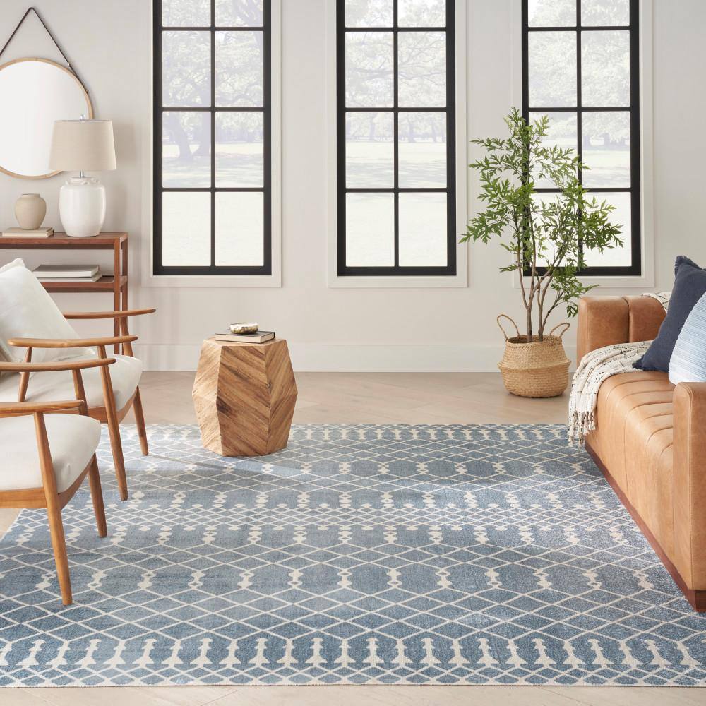 Blue and Ivory Moroccan Trellis 8' x 10' Washable Area Rug
