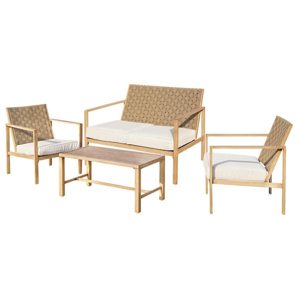 Cisvio Wood 4 Piece Metal Patio Furniture Set, Hand-Made Drawstring Outdoor Dining Patio Conversation Sets with Cushions