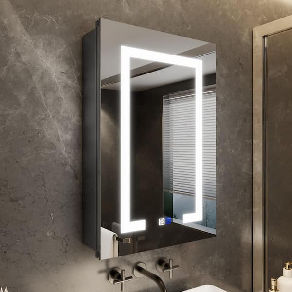 Velux 16 in. W x 24 in. H Rectangular Black Aluminum Recessed/Surface Mount Right Dimmable Medicine Cabinet w/Mirror LED