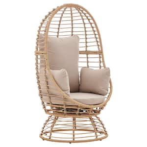 Wicker Outdoor Patio Egg Chair Basket Lounge Swivel Seat Chair with Beige Cushion