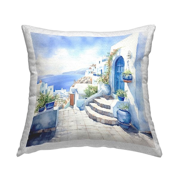 Stupell Industries Santorini City Buildings Blue Square Outdoor Throw Pillow