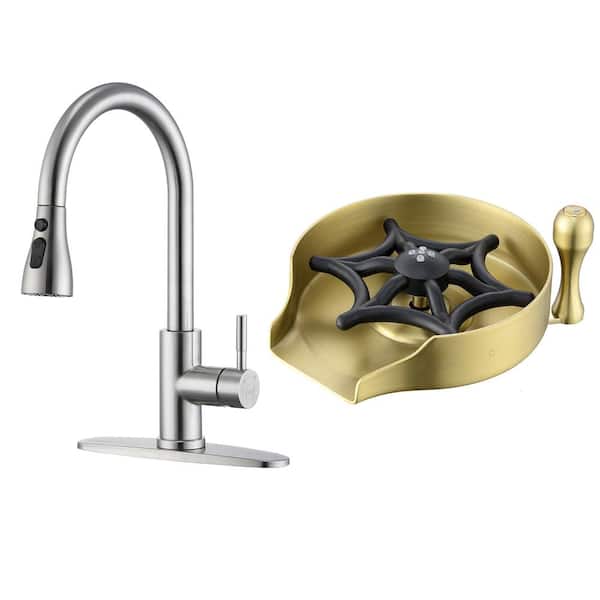 GAGALIFE Single Handle Pull Down Sprayer Kitchen Faucet with Glass Rinser Kitchen Sink Accessory Combo in Brushed Gold