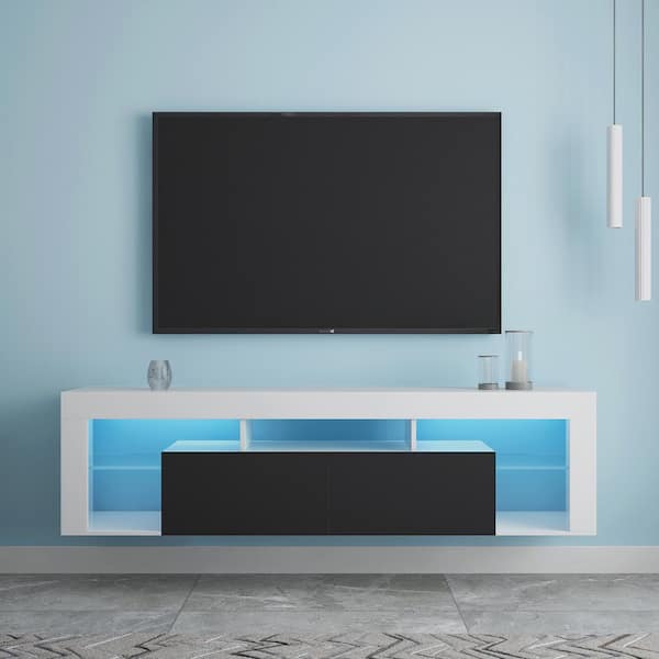 Seafuloy 63 In Black Wall Mounted Floating Mdf Tv Cabinet With 16 Colors Of Led Lights And 2 Drawers, Flat Screen Tv Cabinets With Doors Wall Mountain