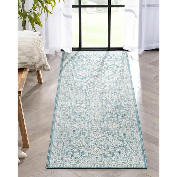 Lia Delphi Blue 2 ft. 3 in. x 7 ft. 3 in. Oriental Persian Runner Indoor/Outdoor Area Rug