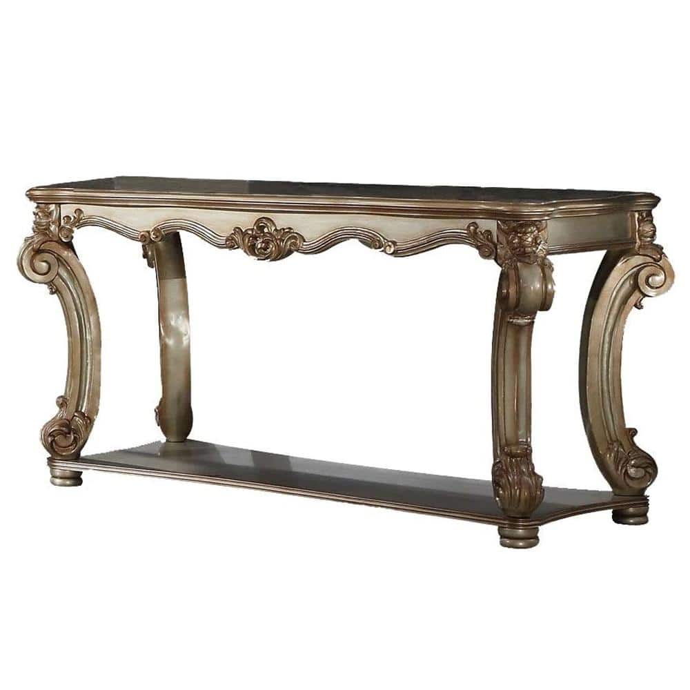 Gold Patina Wood Sofa Table with Bottom Shelf