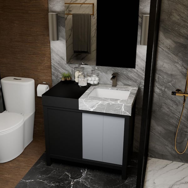 Zilara 36 in x 22 in D Black and Grey Bath Vanity, Castle Grey Marble Top and Gun Metal Faucet Set