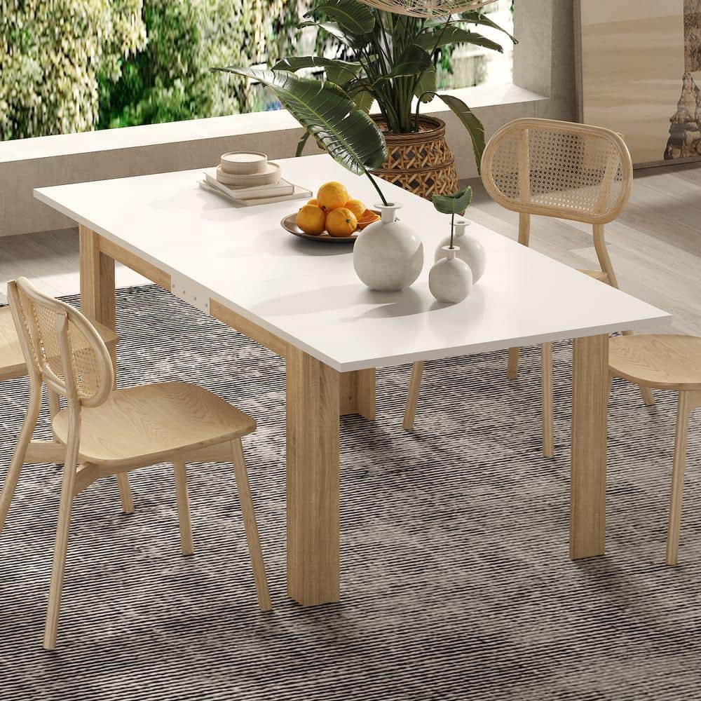 FUFU&GAGA White and Wood Grain Wooden 60.2-77.2 in. W. 4-Legs