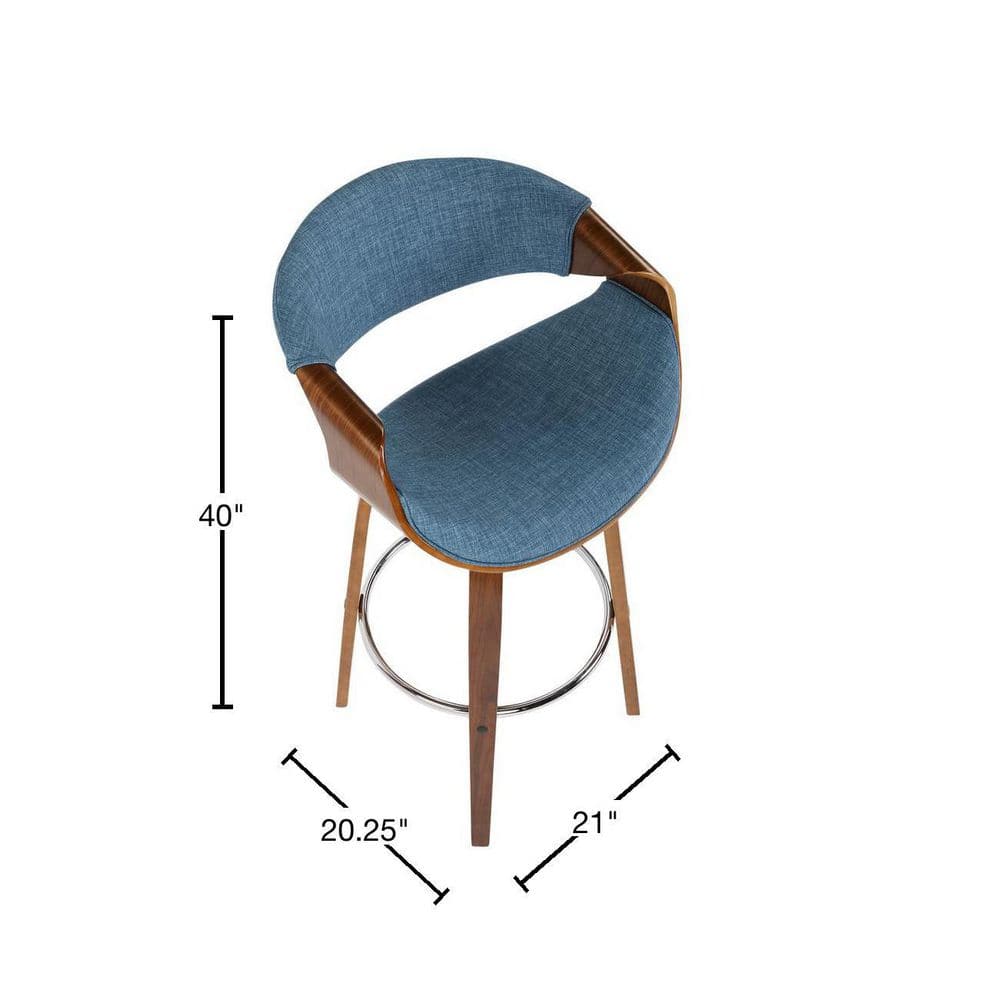 Mid-Century Blue Fabric Swivel Barstool with Walnut Wood Frame