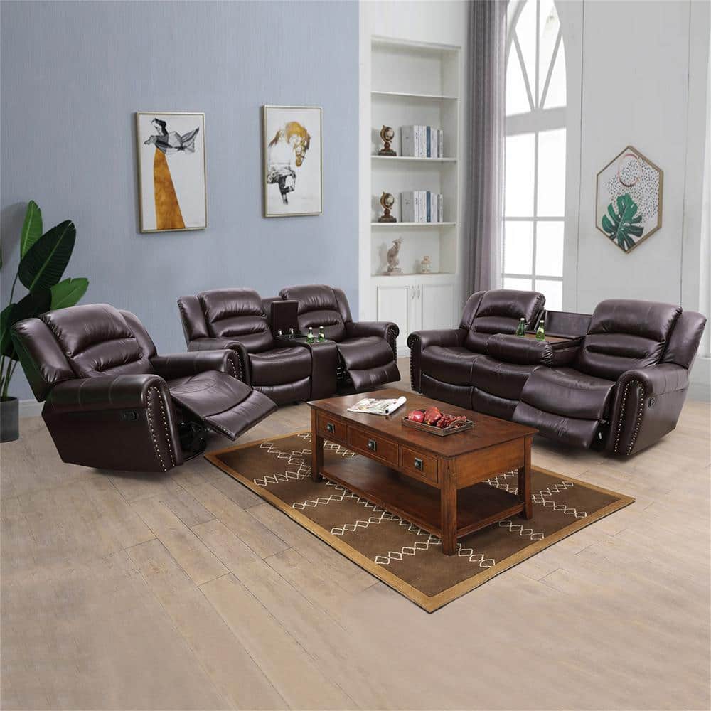 85 in. W Round Arm Faux Leather Rectangle Reclining Sofa in Chocolate Brown