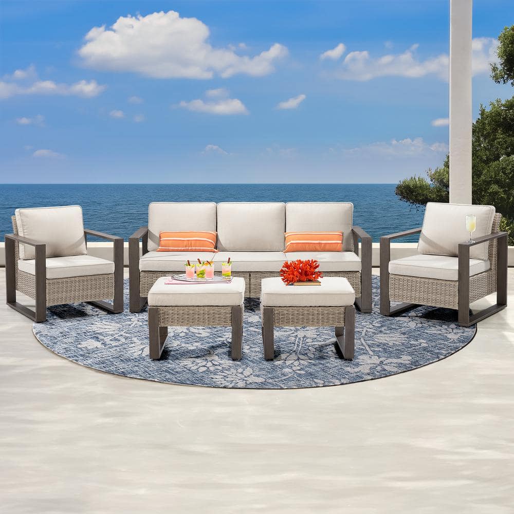 JOYSIDE 5-Piece Patio Wicker Outdoor Conversation Sectional Set With ...