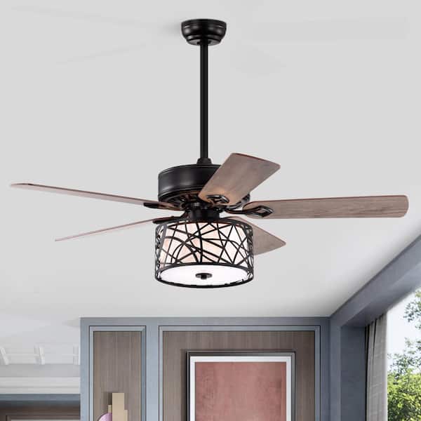 Nestfair 52 in. Indoor Matte Black Ceiling Fan with Light, Remote and 5 Dark Wood Blades