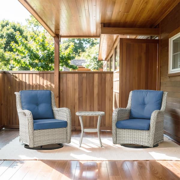 Opohoro ArcoBay 3-Piece Light Beige Wicker Swivel Outdoor Rocking Chairs Patio Conversation Set with Olefin Blue Cushions