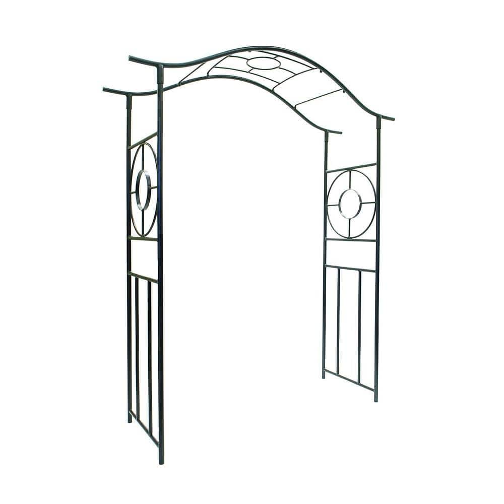 ACHLA DESIGNS Elegant Handcrafted Tuscany Garden Arbor, 84 in. Tall Graphite Powder Coated Finish, Black Create a dramatic entrance to your garden with the graceful arches and bold circular motif of the Tuscany Arbor. 1 of our larger arbors with a generous width, this arbor makes a statement on its own, and can also accommodate the matching Tuscany Gate. The gate has hinges that fasten to each of the arbor's side pieces and has a center latch to close. All Achla Designs; arbors stand tall enough to support climbing vines with ample room for passage beneath, and all are designed to ship flat and be easily erected without tools. Arbor is sold with or without Gate. Gate with side posts also sold separately. Color: Black.