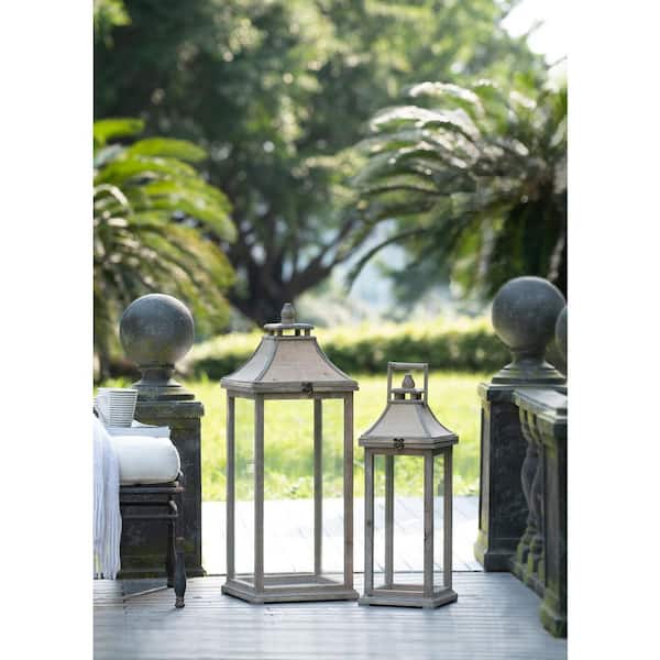 28.4 in. H and 20.9 in. H Ivory Wood Decorative Candle Lantern with Glass Construction, Hurricane Lantern Holder Decor