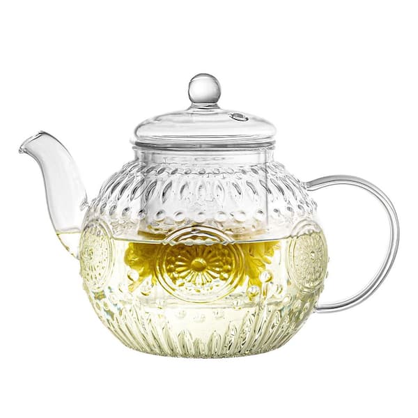 3-Cup Vintage Glass Teapot, Tea Kettle with Removable Infuser, Blooming & Loose Leaf Tea Maker Set, Stovetop Safe