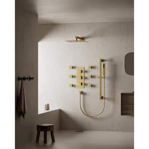 Thermostatic Triple Handle 5-Spray Patterns 12 in. Shower Faucet with 6-Jets in Brushed Gold (Valve Included)