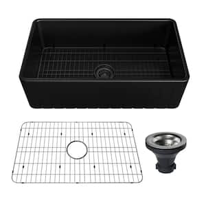 33 in. Farmhouse/Apron-Front Single Bowl Black S2 Fine Fireclay Kitchen Sink with Bottom Grid and Strainer Basket