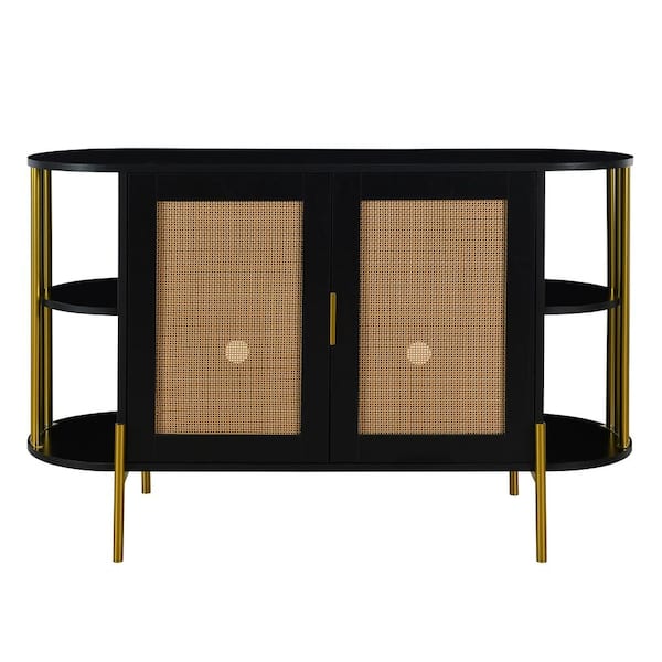 47.2 in. W x 15.7 in. D x 31.1 in. H Black Linen Cabinet with Trim and 2-Woven Rattan Doors