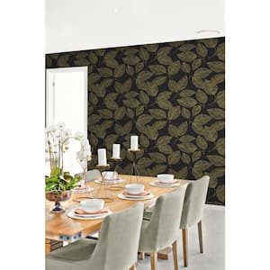 Stylized Foliage Metallic Black & Gold Paper Non - Pasted Paste Sheet Wet Removable Wallpaper Roll (Cover 60.75 sq. ft.)