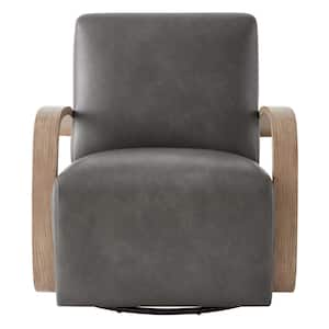 Ella Dark Grey Leather Swivel Accent Chair with Grey Solid Wood Arm Modern Armchair for Living Room or Bedroom