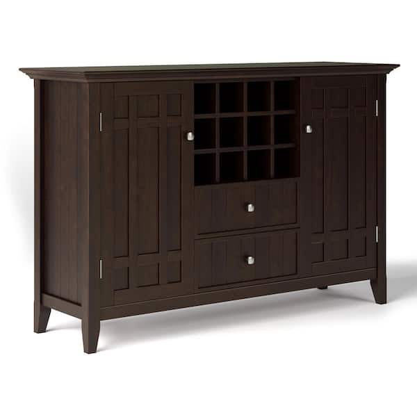 Simpli Home Bedford Solid Wood 54 in. Wide Transitional Sideboard Buffet and Wine Rack in Dark Chestnut Brown
