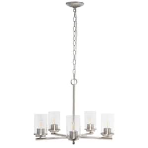20.5 in. 5-Light Brushed Nickel Traditional Vintage Modern Industrial Metal and Clear Glass Hanging Pendant Light