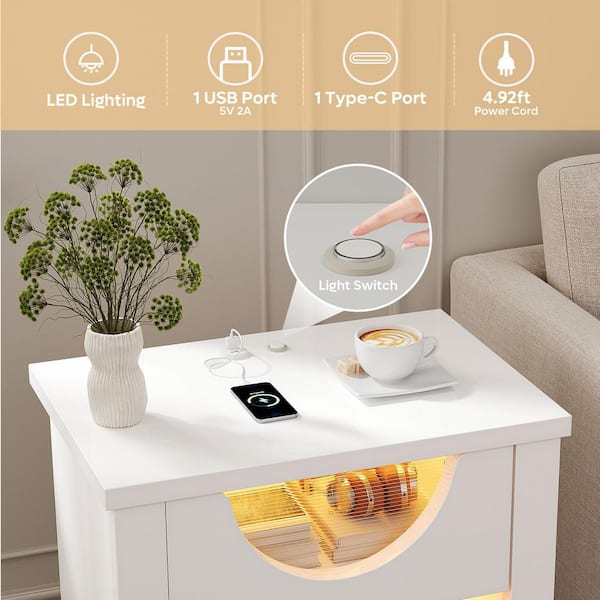 Glossy White 23.62 in. H Nightstand with Power Outlet，USB Ports，Storage Drawer and Light（Set of 2）